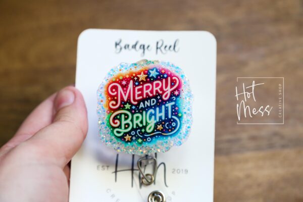 Merry and Bright Badge Reel, Christmas Badge Reel, Nurse Badge Reel, Retractable ID Holder, Interchangeable, Glitter Badge Reel, Neon Badge