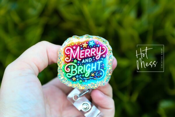 Merry and Bright Badge Reel, Christmas Badge Reel, Nurse Badge Reel, Retractable ID Holder, Interchangeable, Glitter Badge Reel, Neon Badge