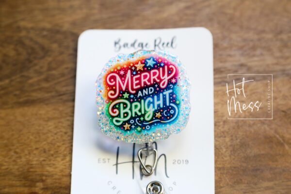 Merry and Bright Badge Reel, Christmas Badge Reel, Nurse Badge Reel, Retractable ID Holder, Interchangeable, Glitter Badge Reel, Neon Badge
