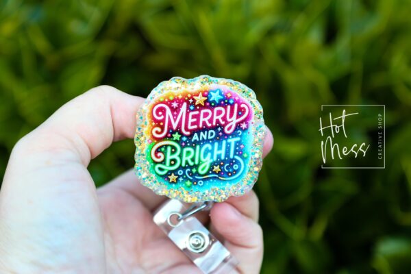 Merry and Bright Badge Reel, Christmas Badge Reel, Nurse Badge Reel, Retractable ID Holder, Interchangeable, Glitter Badge Reel, Neon Badge