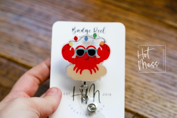 Christmas Crab Badge Reel, Christmas Badge Reel, Retractable ID Holder, Interchangeable, Glitter Badge Reel, beach christmas