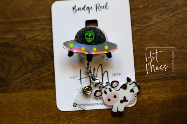 UFO with Cow Badge Reel, RN id Holder, Retractable Acrylic Badge Reel, Nurse Gift, Funny Badge Reel, alien badge reel