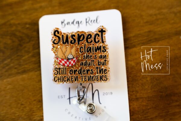 Suspect Claims she's and adult ID Holder, Chicken Tenders Badge Reel, Retractable ID Holder, Interchangeable Lanyard, Food Badge Reels