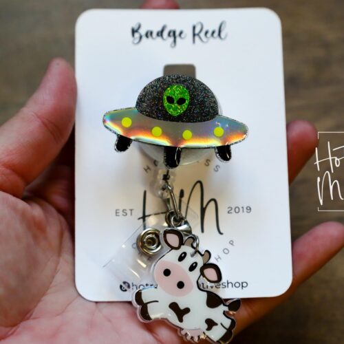 il_fullxfull.6600050985_lih9 UFO with Cow Badge Reel, RN id Holder, Retractable Acrylic Badge Reel, Nurse Gift, Funny Badge Reel, alien badge reel