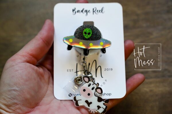 UFO with Cow Badge Reel, RN id Holder, Retractable Acrylic Badge Reel, Nurse Gift, Funny Badge Reel, alien badge reel