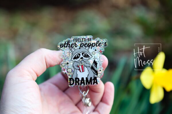 Fueled by other peoples drama badge reel, RN ID Holder, Retractable Acrylic Badge Reel, Nurse Gift, Night Shift, Office Badge Reel, Raccoon