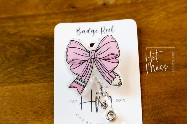 il_fullxfull.6713833200_gd4z Pink Teacher Bow Badge Reel, Badge ID, Stocking Stuffer, work lanyard, coquette Teacher, Teacher Appreciation Gift