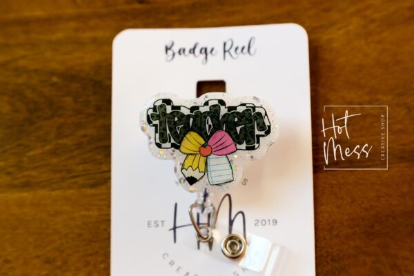 Teacher Bow Badge Reel with pink bow, Badge ID, Stocking Stuffer, work lanyard, coquette Teacher, Teacher Appreciation Gift