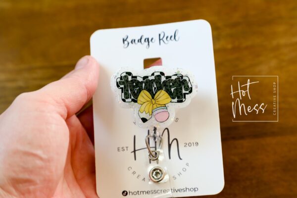 Teacher Bow Badge Reel with YELLOW bow, Badge ID, Stocking Stuffer, work lanyard, coquette Teacher, Teacher Appreciation Gift