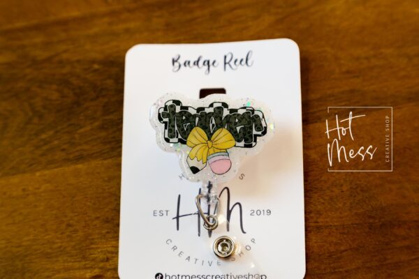 Teacher Bow Badge Reel with YELLOW bow, Badge ID, Stocking Stuffer, work lanyard, coquette Teacher, Teacher Appreciation Gift