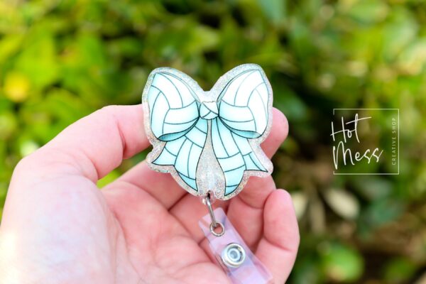 il_fullxfull.6732249610_r029 Volleyball Coquette bow Badge Reel, Badge ID, Stocking Stuffer, work lanyard, coquette Volleyball, Volleyball Mom, Mother's day Gift