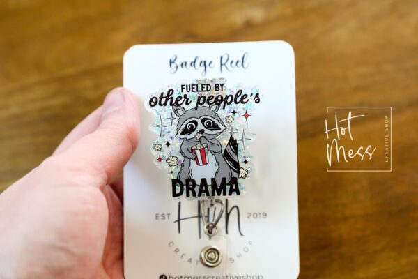 Fueled by other peoples drama badge reel, RN ID Holder, Retractable Acrylic Badge Reel, Nurse Gift, Night Shift, Office Badge Reel, Raccoon
