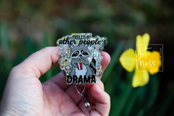 Fueled by other peoples drama badge reel, RN ID Holder, Retractable Acrylic Badge Reel, Nurse Gift, Night Shift, Office Badge Reel, Raccoon