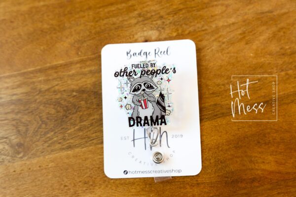 Fueled by other peoples drama badge reel, RN ID Holder, Retractable Acrylic Badge Reel, Nurse Gift, Night Shift, Office Badge Reel, Raccoon