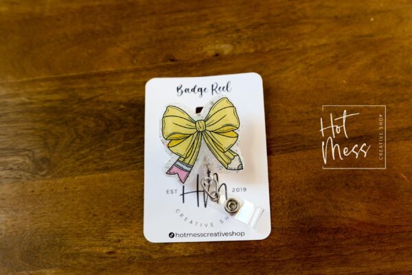 il_fullxfull.6761880787_6ima Yellow Teacher Bow Badge Reel, Badge ID, Stocking Stuffer, work lanyard, coquette Teacher, Teacher Appreciation Gift
