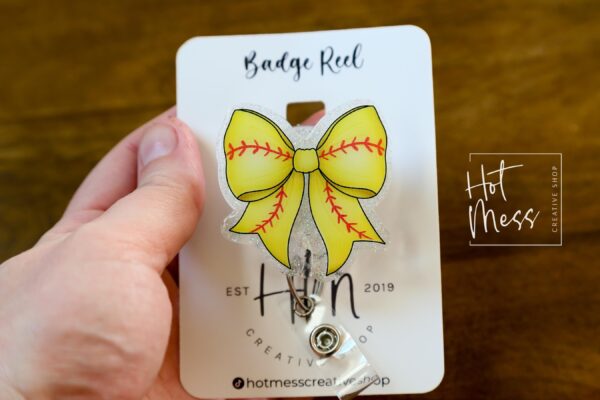 Softball Coquette bow Badge Reel, Badge ID, Stocking Stuffer, work lanyard, coquette Softball, Softball Mom, Mother's day Gift
