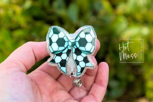 il_fullxfull.6780266917_81oi Soccer Coquette bow Badge Reel, Badge ID, Stocking Stuffer, work lanyard, coquette Soccer, Soccer Mom, Mother's day Gift