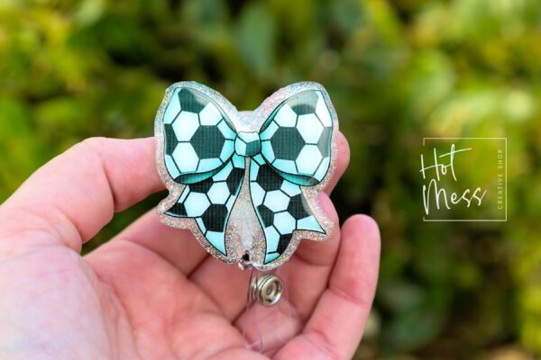 il_fullxfull.6780266921_3n3x Soccer Coquette bow Badge Reel, Badge ID, Stocking Stuffer, work lanyard, coquette Soccer, Soccer Mom, Mother's day Gift