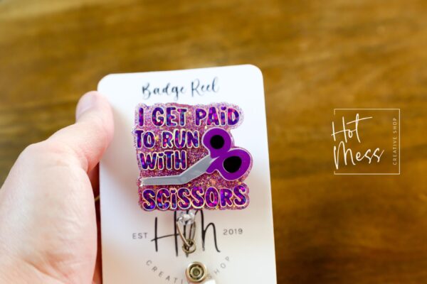 I get paid to run with scissors Funny Badge Reel, RN ID Holder, Retractable Badge Reel, Nurse Gift, Night Shift, Officer Worker, ED Nurse