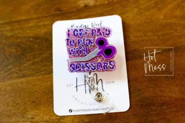 I get paid to run with scissors Funny Badge Reel, RN ID Holder, Retractable Badge Reel, Nurse Gift, Night Shift, Officer Worker, ED Nurse
