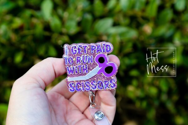 I get paid to run with scissors Funny Badge Reel, RN ID Holder, Retractable Badge Reel, Nurse Gift, Night Shift, Officer Worker, ED Nurse