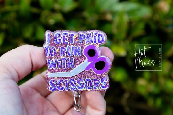 I get paid to run with scissors Funny Badge Reel, RN ID Holder, Retractable Badge Reel, Nurse Gift, Night Shift, Officer Worker, ED Nurse