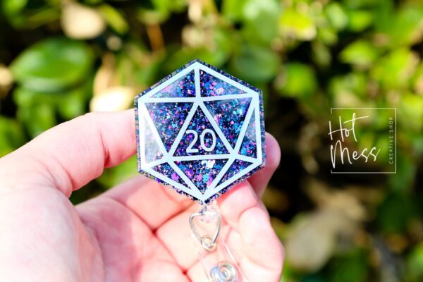 Purple D20 Badge Reel, D&D gift, Retractable ID Holder, Interchangeable, Glitter Badge Reel