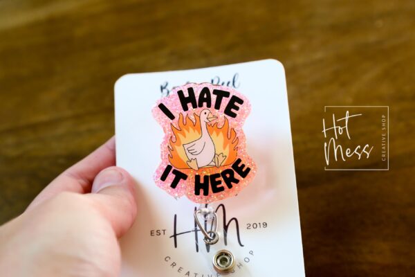 I hate it here badge reel, Interchangeable Badge Reel, Cute badge Reel, Sassy ID Holder, animal badge reel, Badge Holder, Custom Badge Reel