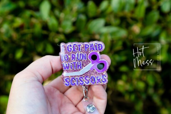 I get paid to run with scissors Funny Badge Reel, RN ID Holder, Retractable Badge Reel, Nurse Gift, Night Shift, Officer Worker, ED Nurse