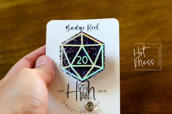 Purple D20 Badge Reel, D&D gift, Retractable ID Holder, Interchangeable, Glitter Badge Reel