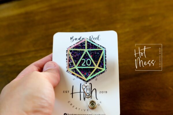 Purple D20 Badge Reel, D&D gift, Retractable ID Holder, Interchangeable, Glitter Badge Reel