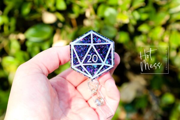 Purple D20 Badge Reel, D&D gift, Retractable ID Holder, Interchangeable, Glitter Badge Reel