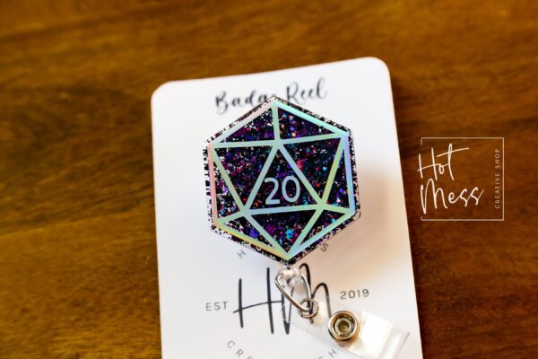 Purple D20 Badge Reel, D&D gift, Retractable ID Holder, Interchangeable, Glitter Badge Reel