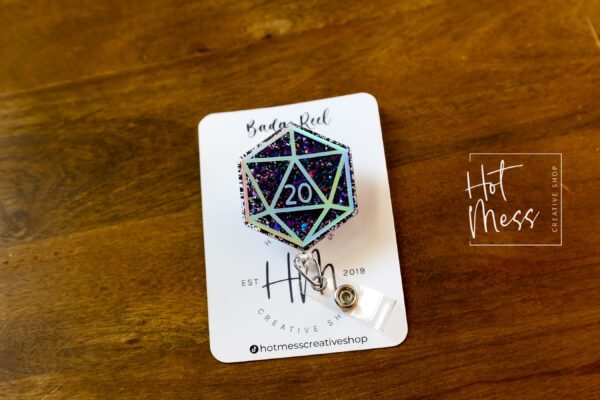 Purple D20 Badge Reel, D&D gift, Retractable ID Holder, Interchangeable, Glitter Badge Reel