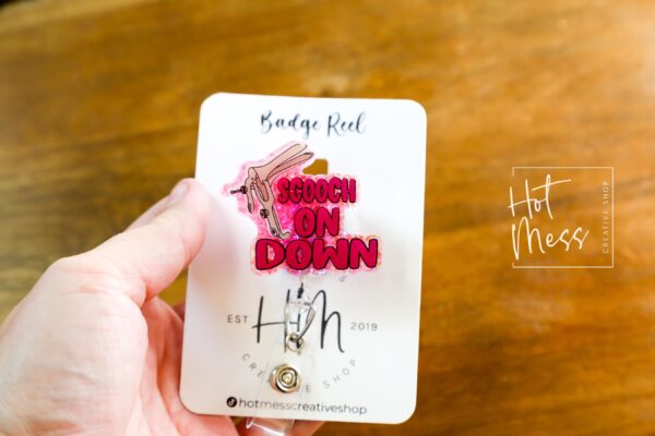 il_fullxfull.6843778908_nuvx Humorous OBGYN Badge Reel: Scooch On Down Retractable ID Holder for Labor & Delivery Nurses