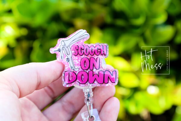 il_fullxfull.6843778912_4nab Humorous OBGYN Badge Reel: Scooch On Down Retractable ID Holder for Labor & Delivery Nurses