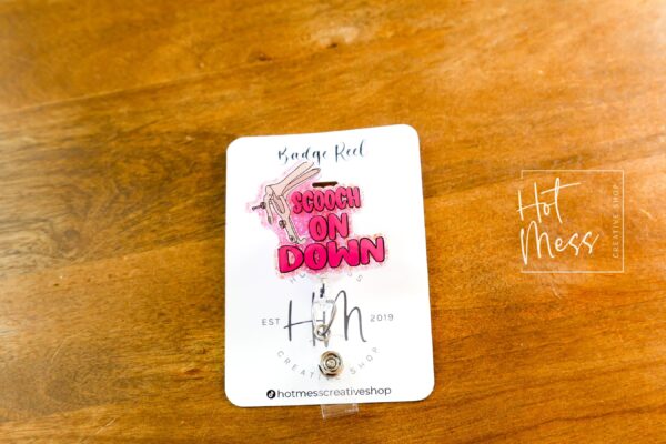 il_fullxfull.6843778918_cl3a Humorous OBGYN Badge Reel: Scooch On Down Retractable ID Holder for Labor & Delivery Nurses