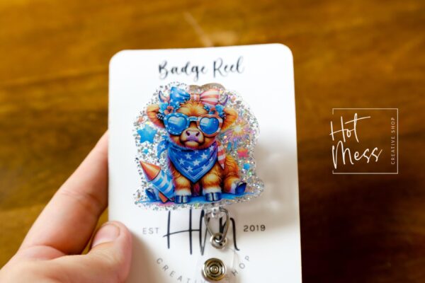 4th of July USA Hyland Cow Badge Reel, Retractable Badge Reel, Teacher ID Holder, Nurse Badge Reel