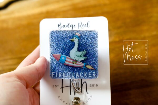 4th of July USA Badge Reel, Firequacker, Silly Goose Retractable Badge Reel, Teacher ID Holder, Nurse Badge Reel