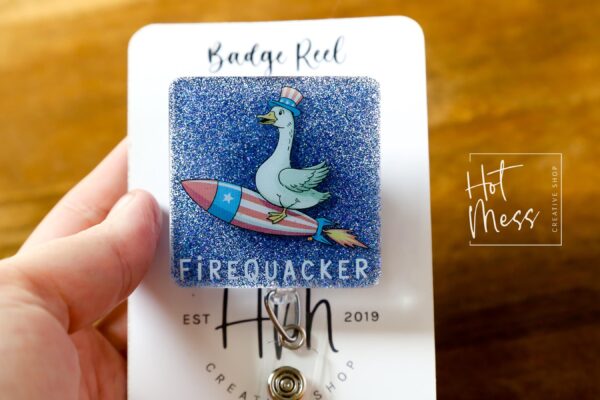 4th of July USA Badge Reel, Firequacker, Silly Goose Retractable Badge Reel, Teacher ID Holder, Nurse Badge Reel