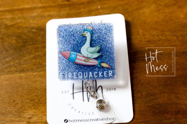 4th of July USA Badge Reel, Firequacker, Silly Goose Retractable Badge Reel, Teacher ID Holder, Nurse Badge Reel