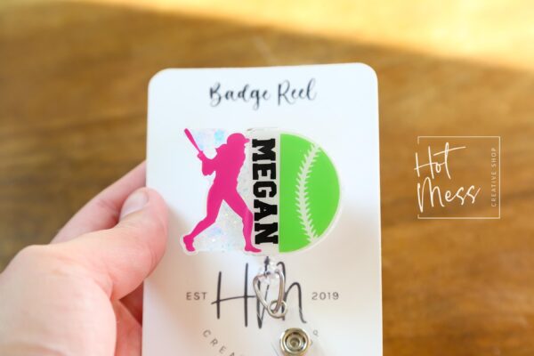 il_fullxfull.6876620306_tkos Custom Softball Badge Reel – Personalized Glitter Badge Holder with Player's Name – Unique Gift for Softball Players, Coaches, and Fans!