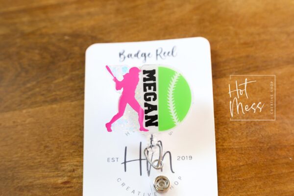 il_fullxfull.6876620308_ikqt Custom Softball Badge Reel – Personalized Glitter Badge Holder with Player's Name – Unique Gift for Softball Players, Coaches, and Fans!