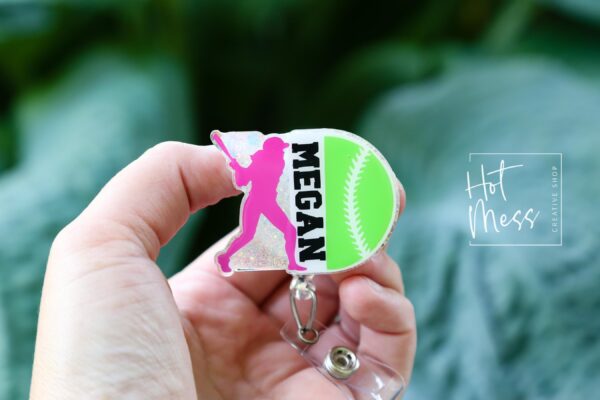 il_fullxfull.6876620310_2zi1 Custom Softball Badge Reel – Personalized Glitter Badge Holder with Player's Name – Unique Gift for Softball Players, Coaches, and Fans!