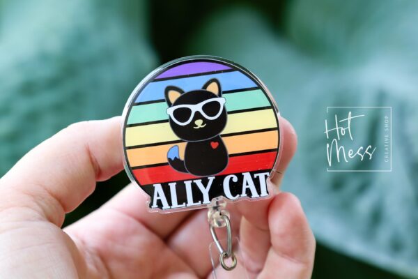 il_fullxfull.6876741530_8z46 Ally Cat Pride Badge Reel – LGBTQ+ Ally Retractable ID Holder with Rainbow Glitter, Cute Cat Badge Clip for Pride Month