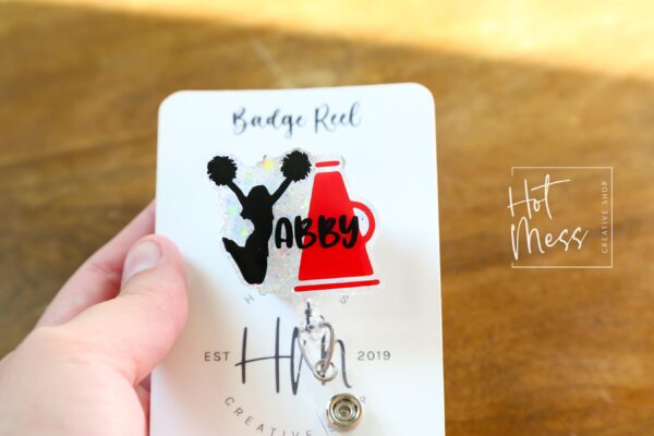 Custom Cheerleader Glitter Badge Reel or Pin – Personalized with Name & Team Colors, Cheer Squad Gift, Spirit Wear Accessory