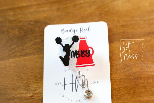 Custom Cheerleader Glitter Badge Reel or Pin – Personalized with Name & Team Colors, Cheer Squad Gift, Spirit Wear Accessory