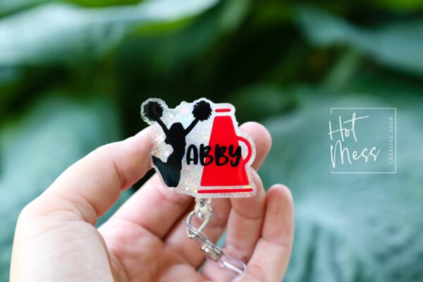 Custom Cheerleader Glitter Badge Reel or Pin – Personalized with Name & Team Colors, Cheer Squad Gift, Spirit Wear Accessory