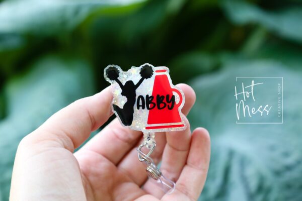 Custom Cheerleader Glitter Badge Reel or Pin – Personalized with Name & Team Colors, Cheer Squad Gift, Spirit Wear Accessory