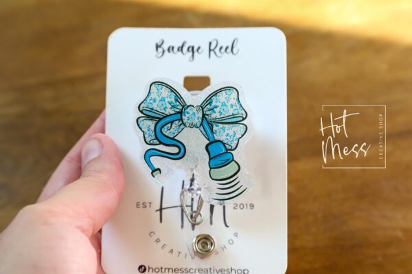 il_fullxfull.6876777854_jwyr Blue Glitter Coquette Bow Badge Reel or Pin – Ultrasound Tech Toile Design, Sonographer ID Clip or Pin, Cute Medical Work Accessory